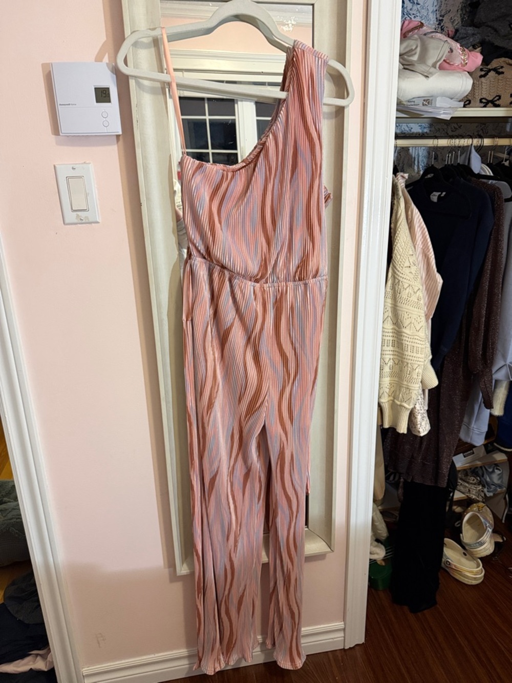 One-Shoulder Pink Striped Jumpsuit